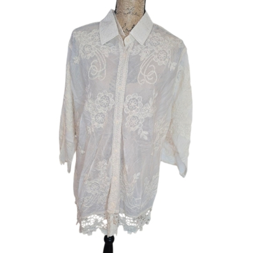 Solitaire Elegant Cream Crochet Lace Trimmed Button Blouse Tunic Plus Size 2X 1X